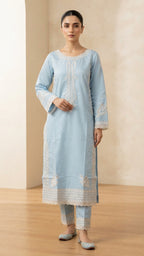 Ice Blue Embroidered 3-Piece Suit with Printed Dupatta | Wardrobe by Zaib