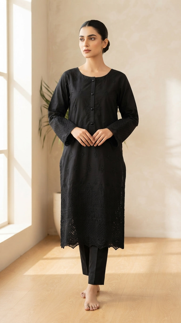 Black Embroidered Khadi Net 3-Piece Suit | Wardrobe by Zaib