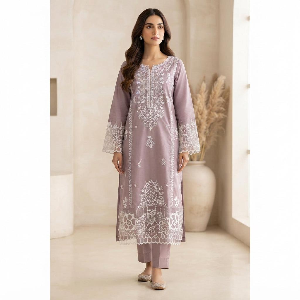 Elegant Mauve Embroidered 3-Piece Suit – Khadi Net | Wardrobe by Zaib