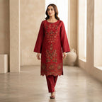Elegant Red Embroidered 3-Piece Suit – Khadi Net | Wardrobe by Zaib