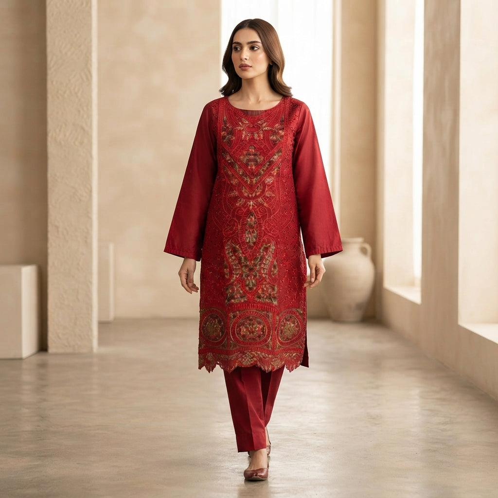 Elegant Red Embroidered 3-Piece Suit – Khadi Net | Wardrobe by Zaib