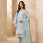 Sky Blue Embroidered Khadi Net 3-Piece Suit with Printed Dupatta | Wardrobe by Zaib