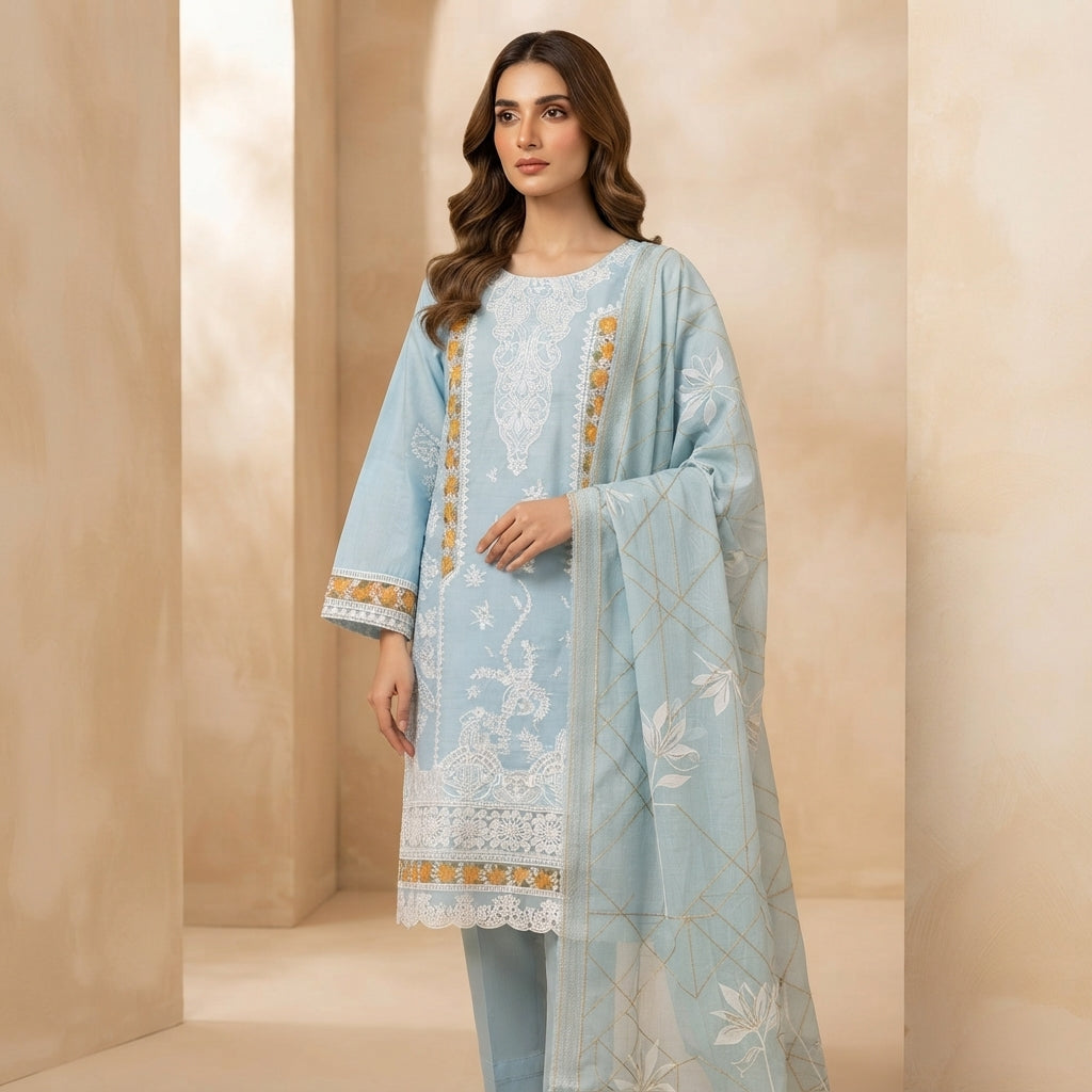 Sky Blue Embroidered Khadi Net 3-Piece Suit with Printed Dupatta | Wardrobe by Zaib