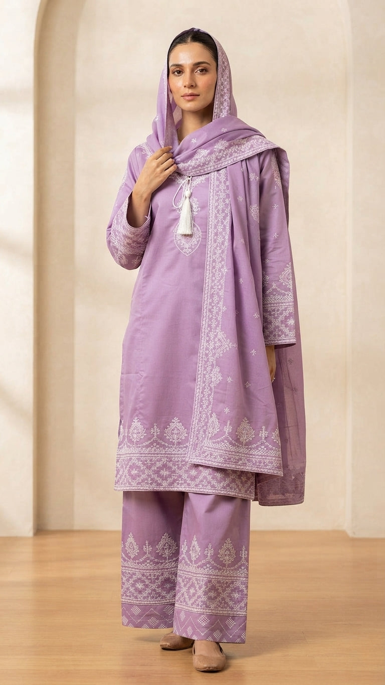 Elegant Lavender Embroidered 3-Piece Suit with Embroidered Dupatta & Trouser