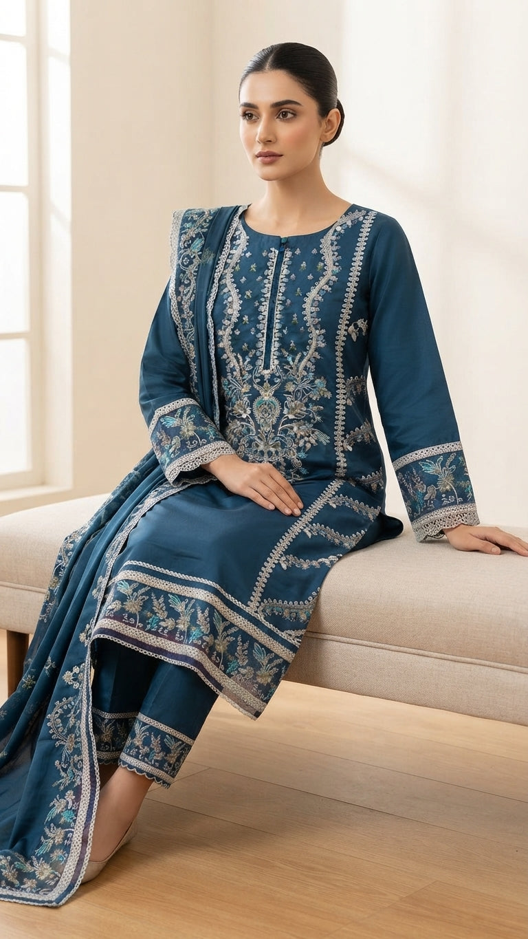 Royal Teal Embroidered 3-Piece Suit with Printed Dupatta