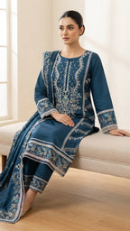 Royal Teal Embroidered 3-Piece Suit with Printed Dupatta