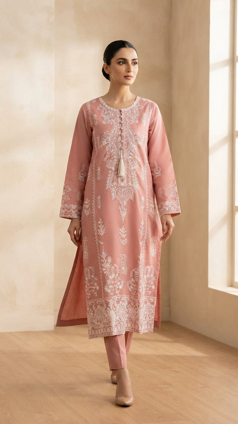 Pink Embroidered Khadi Net 3-Piece Suit | Wardrobe by Zaib