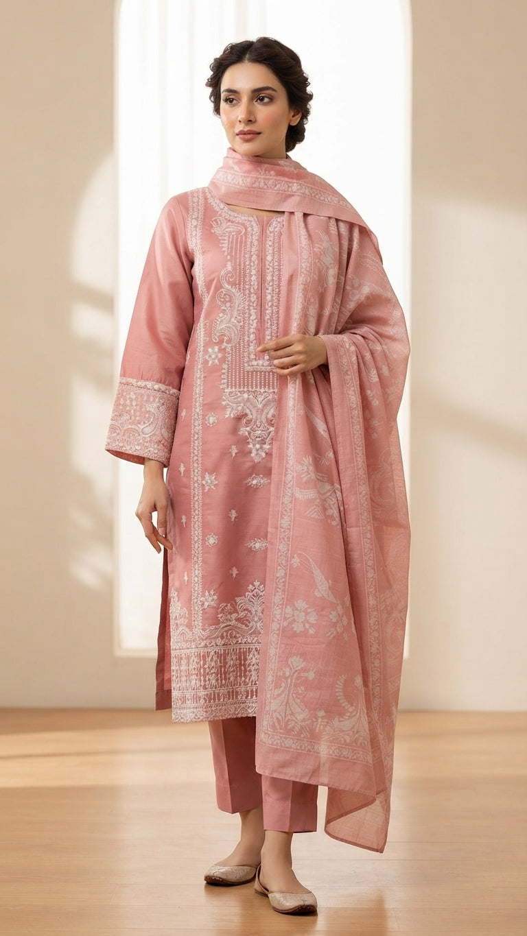 Elegant Dusty Pink Embroidered 3-Piece Suit with Printed Dupatta & Trouser