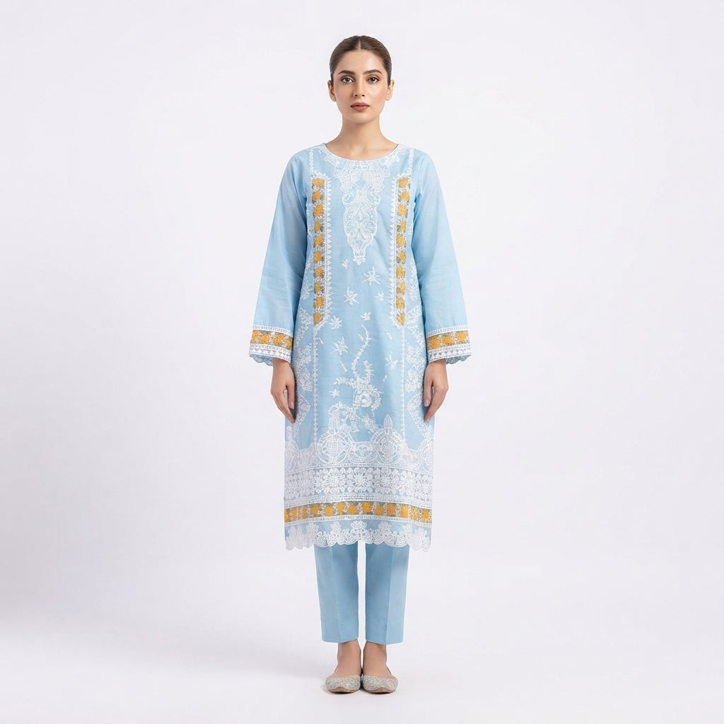 Sky Blue Embroidered Khadi Net 3-Piece Suit with Printed Dupatta | Wardrobe by Zaib