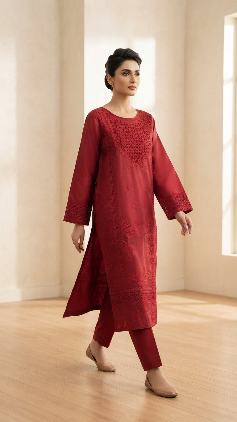 Elegant Maroon Embroidered 2-Piece Suit with Matching Trouser