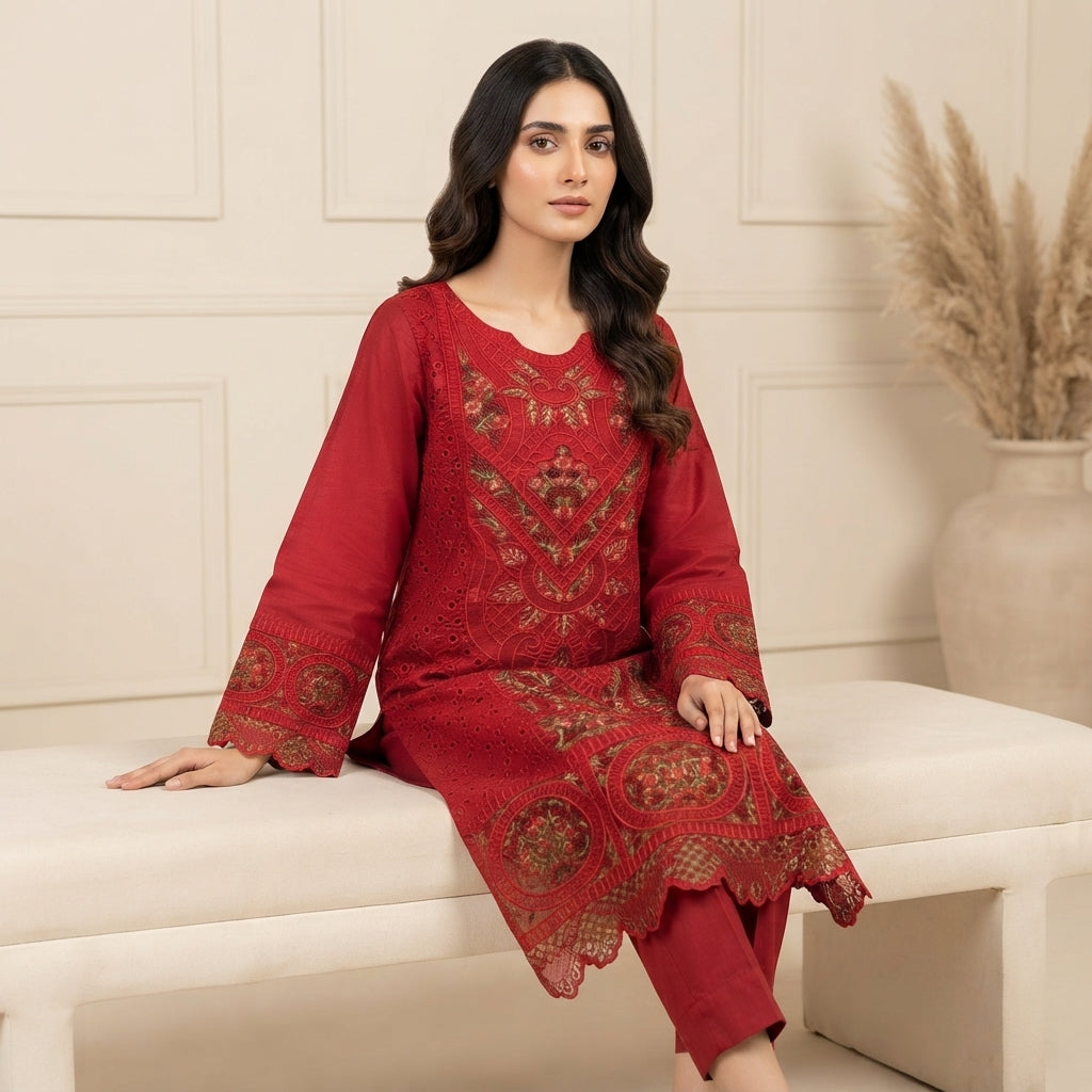 Elegant Red Embroidered 3-Piece Suit – Khadi Net | Wardrobe by Zaib