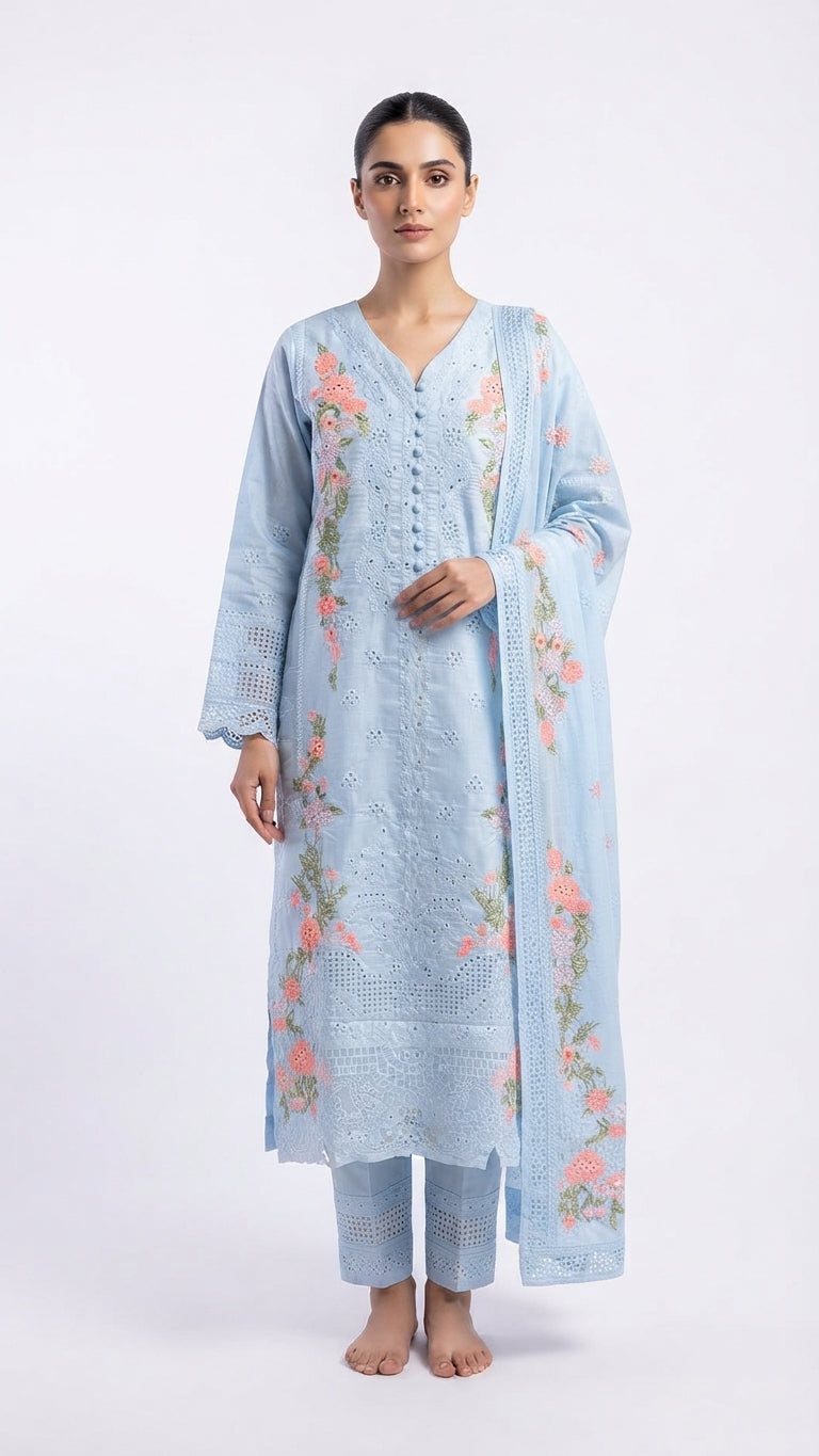 Floral Embroidered Ice Blue 3-Piece Suit with Printed Dupatta