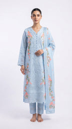 Floral Embroidered Ice Blue 3-Piece Suit with Printed Dupatta