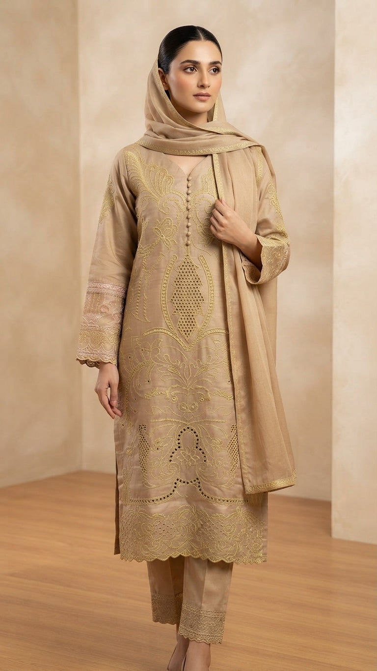 Elegant Beige Embroidered 3-Piece Suit with Printed Dupatta & Trouser