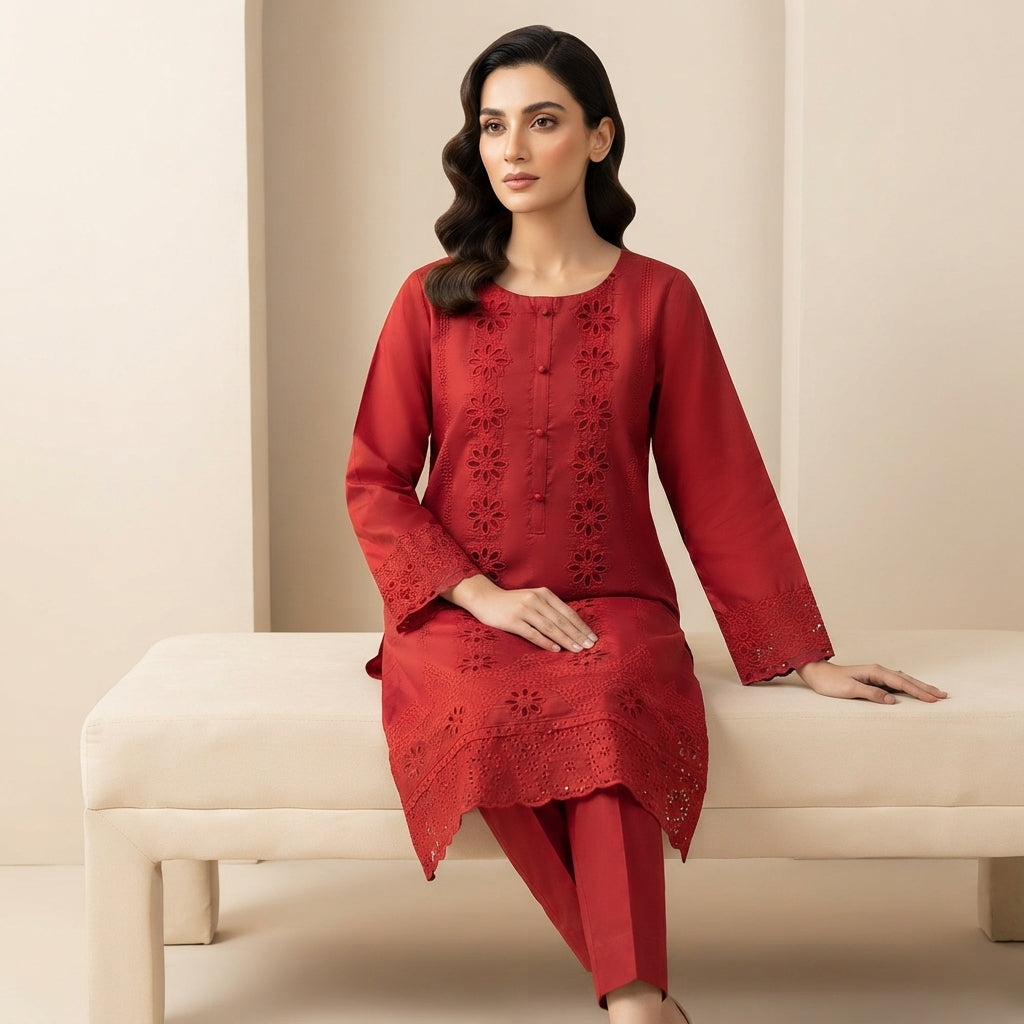 Elegant Maroon Embroidered 3-Piece Suit – Khadi Net | Wardrobe by Zaib