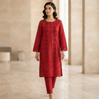 Elegant Maroon Embroidered 3-Piece Suit – Khadi Net | Wardrobe by Zaib