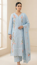 Floral Embroidered Ice Blue 3-Piece Suit with Printed Dupatta