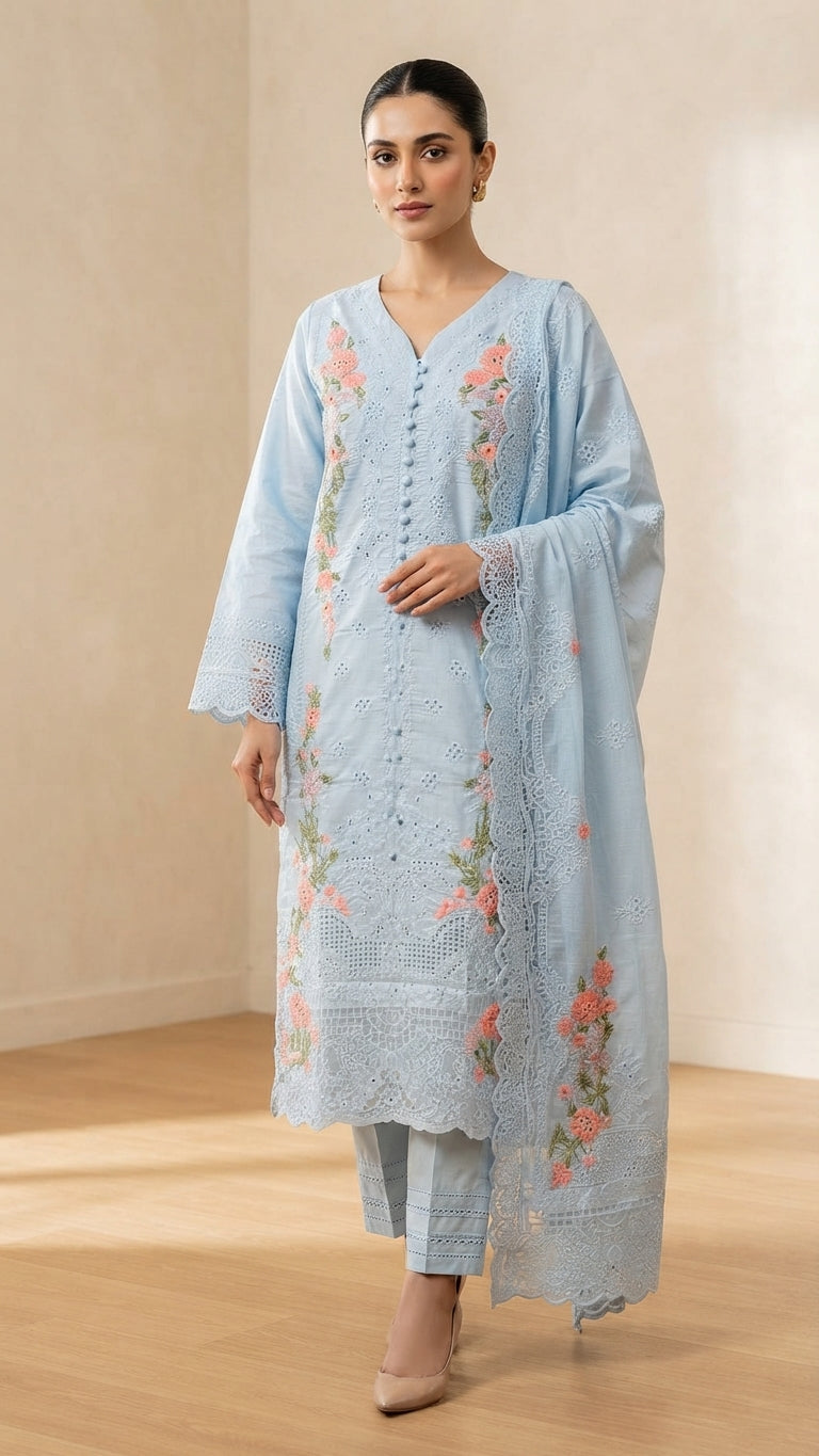 Floral Embroidered Ice Blue 3-Piece Suit with Printed Dupatta