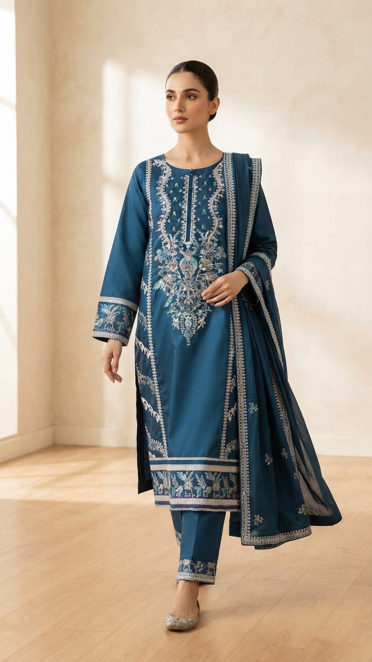 Royal Teal Embroidered 3-Piece Suit with Printed Dupatta
