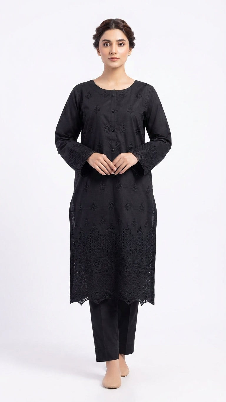 Black Embroidered Khadi Net 3-Piece Suit | Wardrobe by Zaib