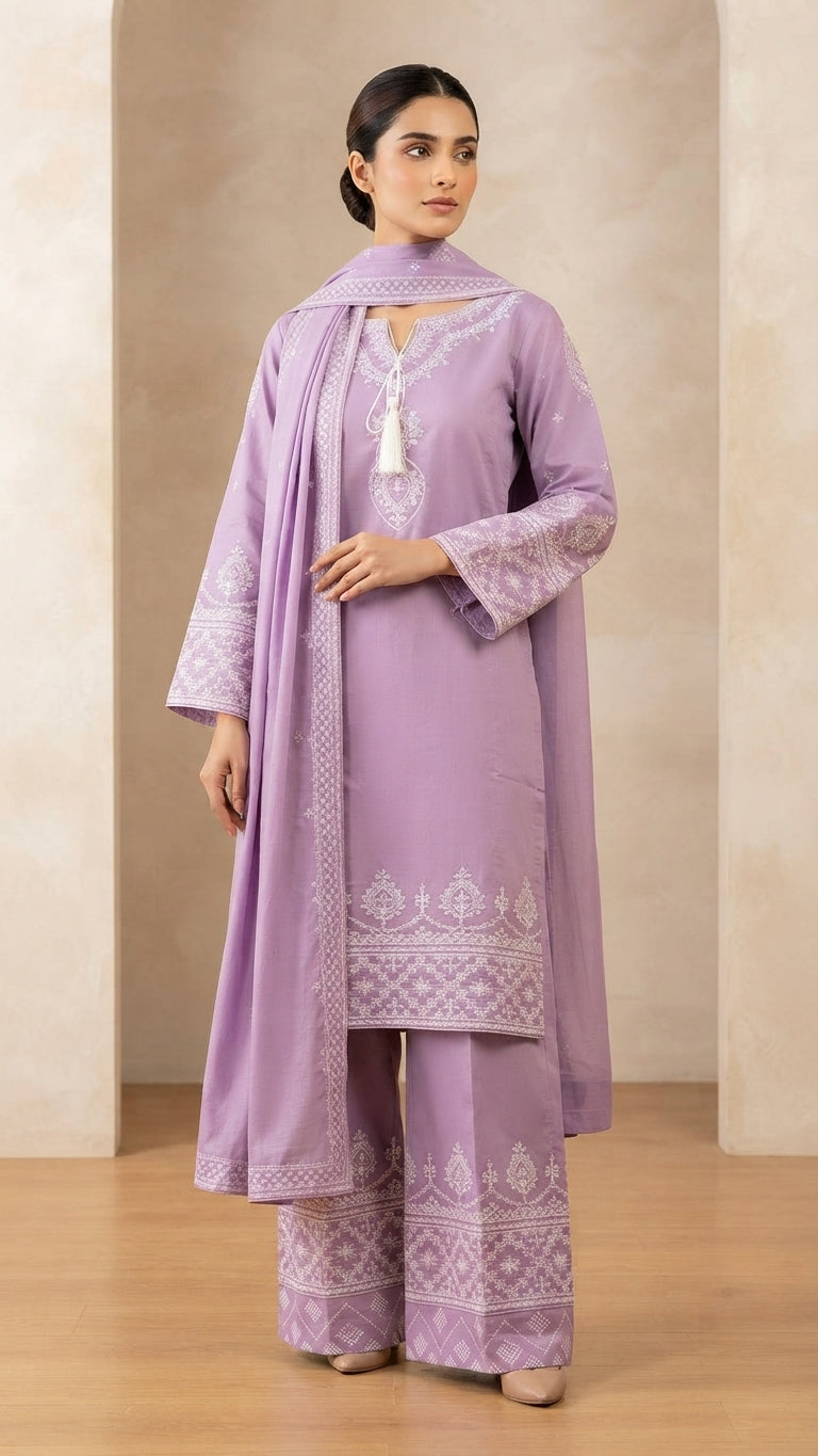 Elegant Lavender Embroidered 3-Piece Suit with Embroidered Dupatta & Trouser