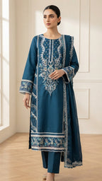 Royal Teal Embroidered 3-Piece Suit with Printed Dupatta
