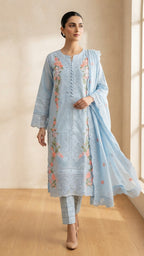 Floral Embroidered Ice Blue 3-Piece Suit with Printed Dupatta