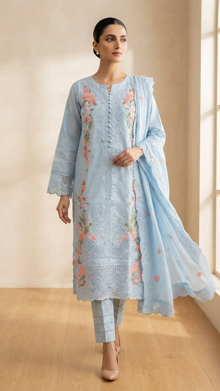 Floral Embroidered Ice Blue 3-Piece Suit with Printed Dupatta