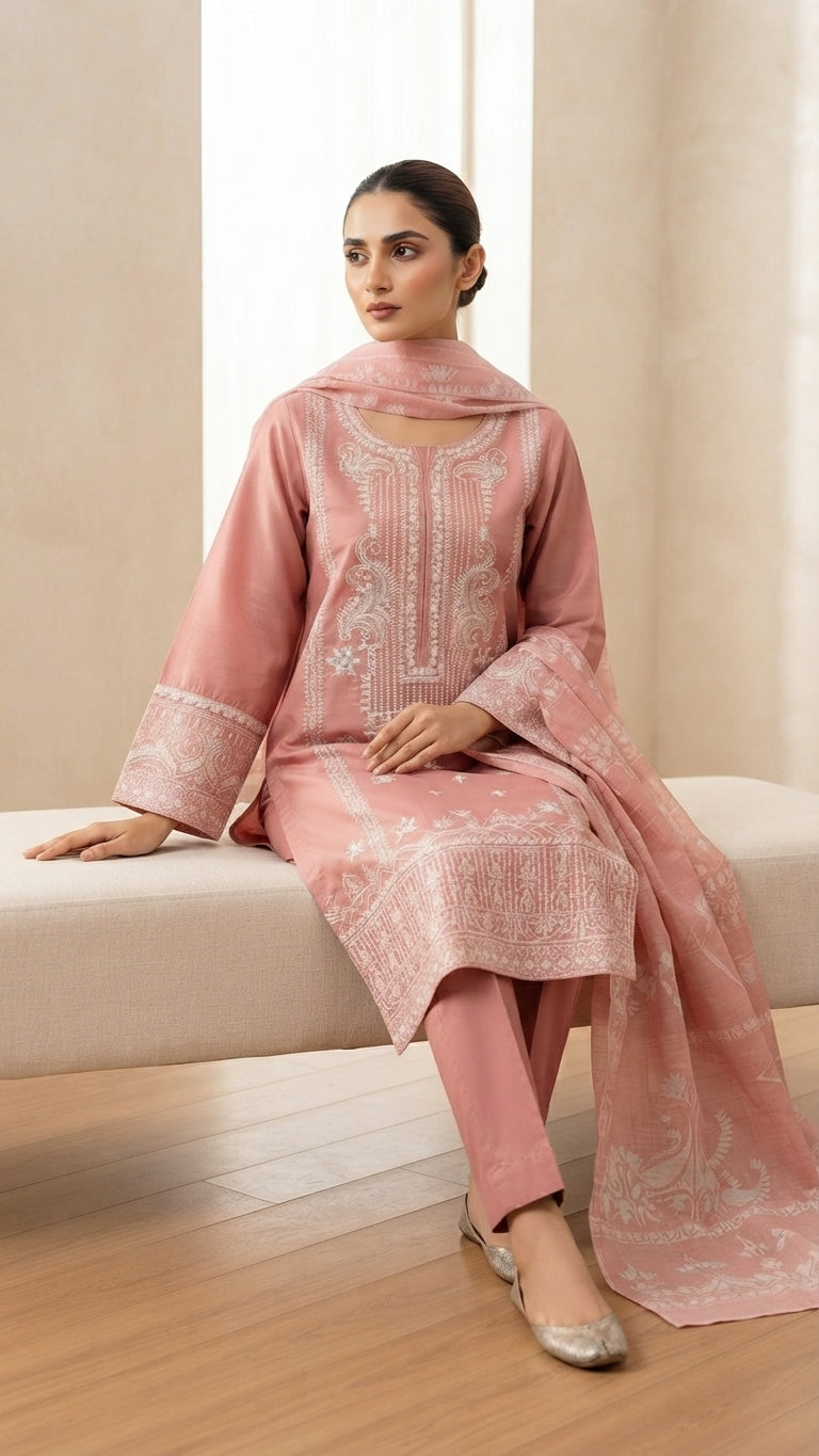 Elegant Dusty Pink Embroidered 3-Piece Suit with Printed Dupatta & Trouser