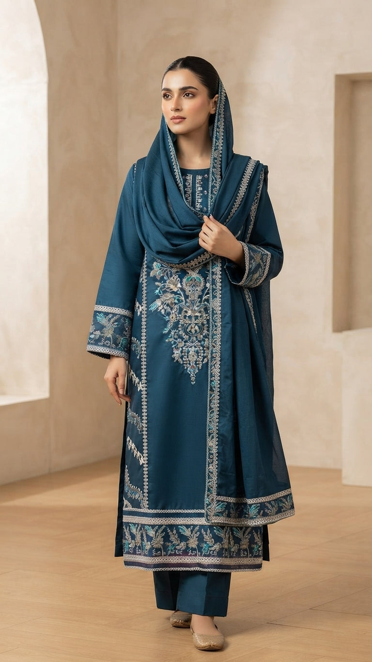 Royal Teal Embroidered 3-Piece Suit with Printed Dupatta
