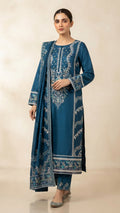 Royal Teal Embroidered 3-Piece Suit with Printed Dupatta