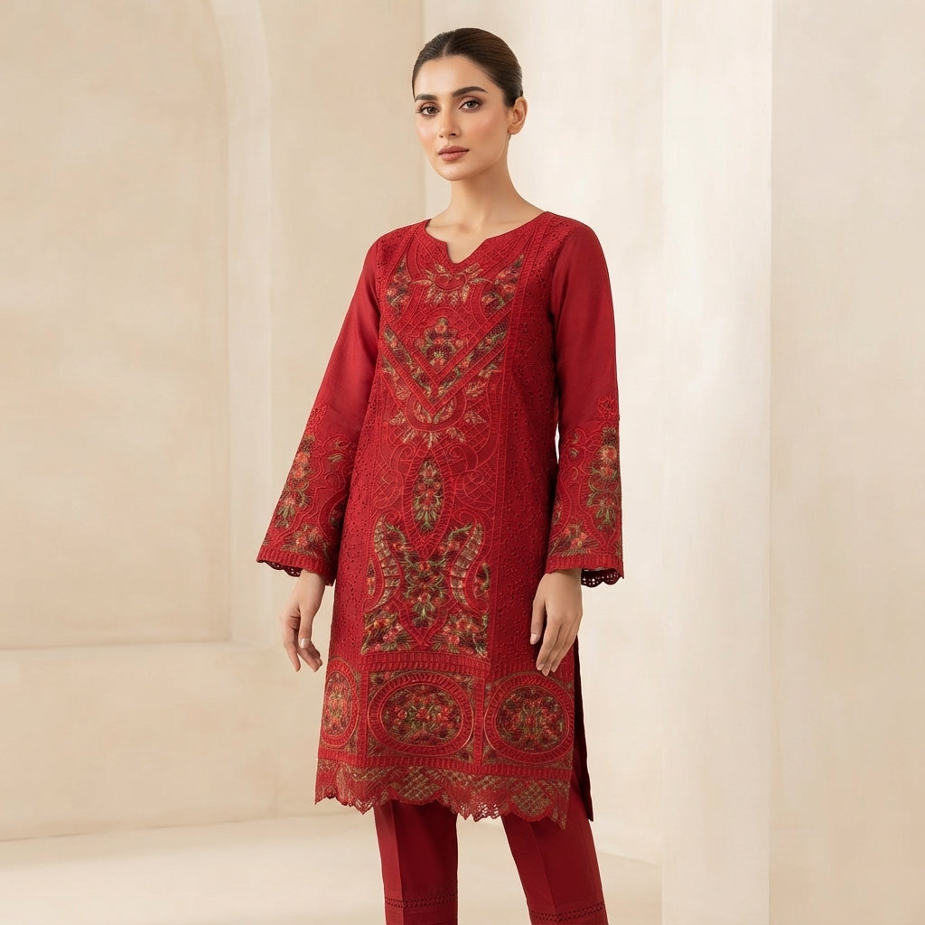 Elegant Red Embroidered 3-Piece Suit – Khadi Net | Wardrobe by Zaib