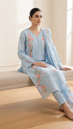 Floral Embroidered Ice Blue 3-Piece Suit with Printed Dupatta