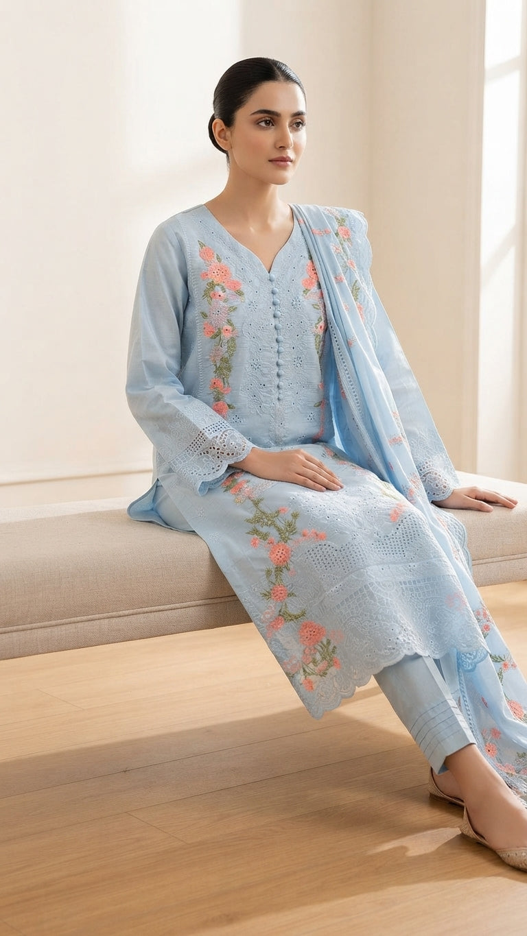Floral Embroidered Ice Blue 3-Piece Suit with Printed Dupatta