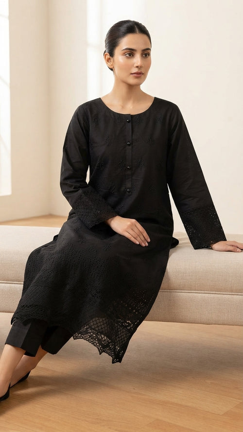Black Embroidered Khadi Net 3-Piece Suit | Wardrobe by Zaib