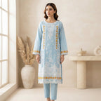 Sky Blue Embroidered Khadi Net 3-Piece Suit with Printed Dupatta | Wardrobe by Zaib