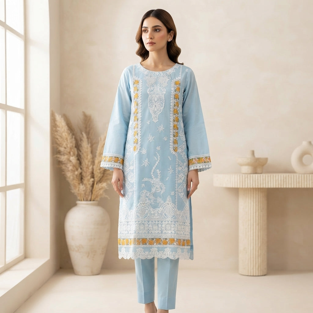 Sky Blue Embroidered Khadi Net 3-Piece Suit with Printed Dupatta | Wardrobe by Zaib