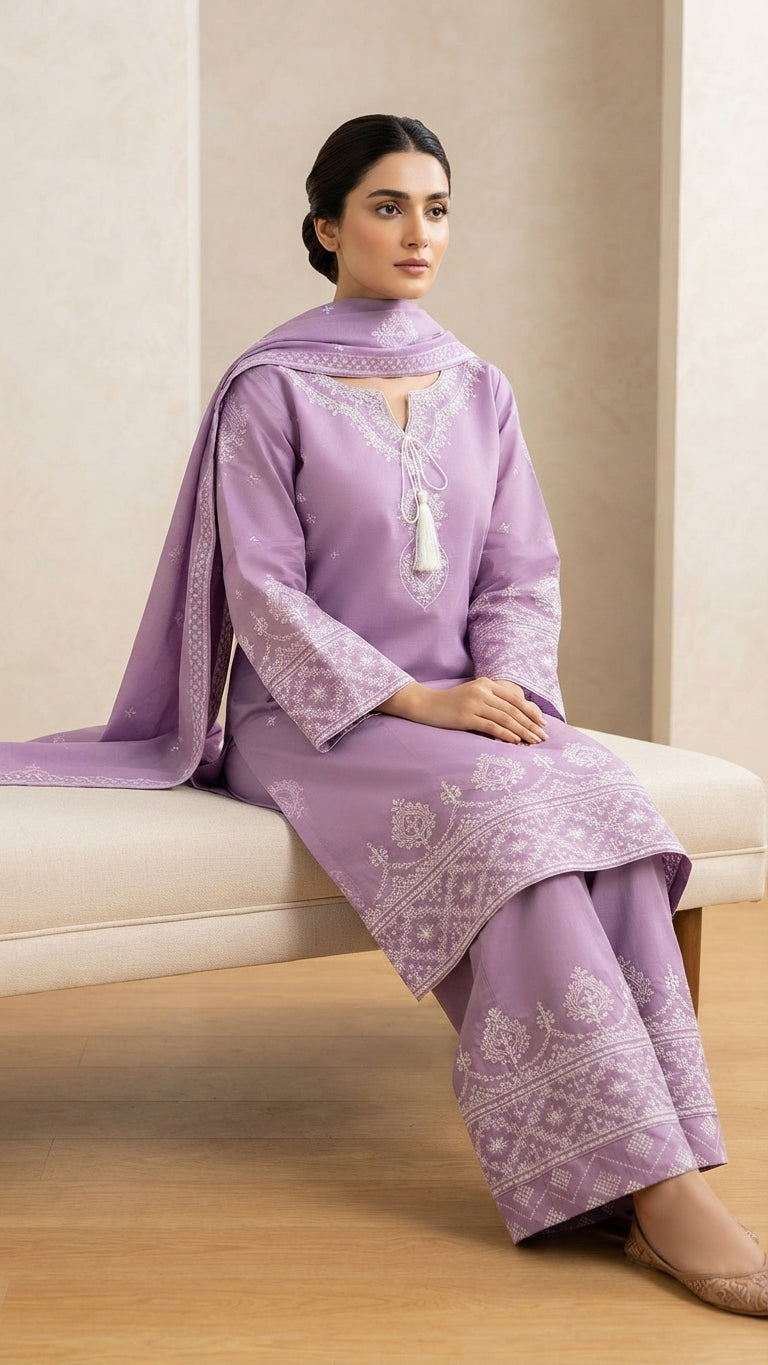 Elegant Lavender Embroidered 3-Piece Suit with Embroidered Dupatta & Trouser