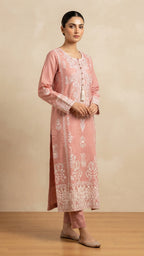Pink Embroidered Khadi Net 3-Piece Suit | Wardrobe by Zaib