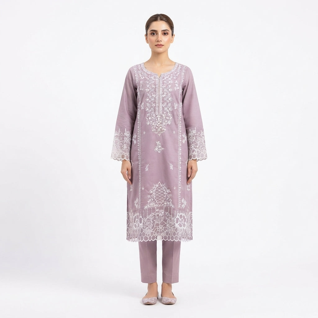 Elegant Mauve Embroidered 3-Piece Suit – Khadi Net | Wardrobe by Zaib
