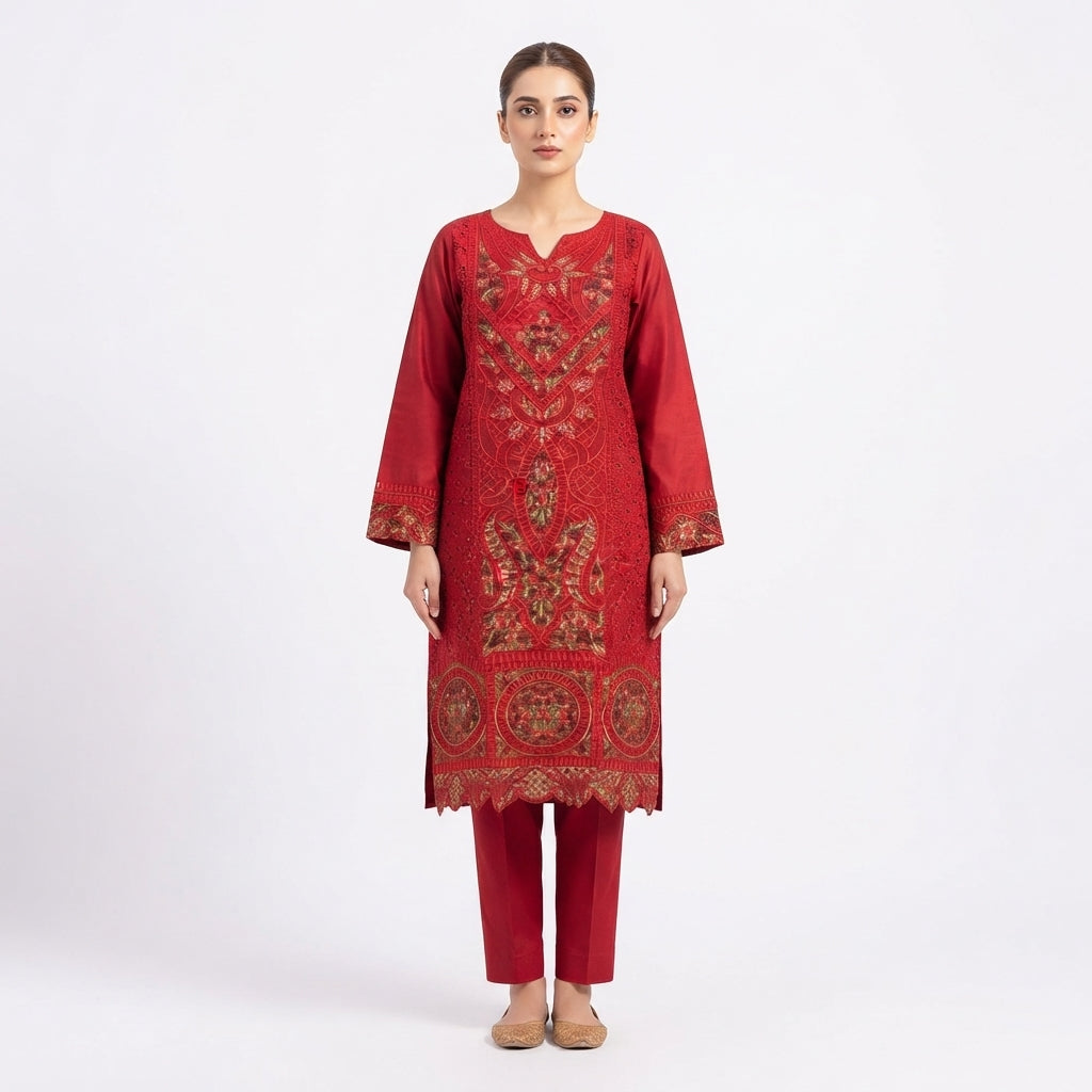Elegant Red Embroidered 3-Piece Suit – Khadi Net | Wardrobe by Zaib