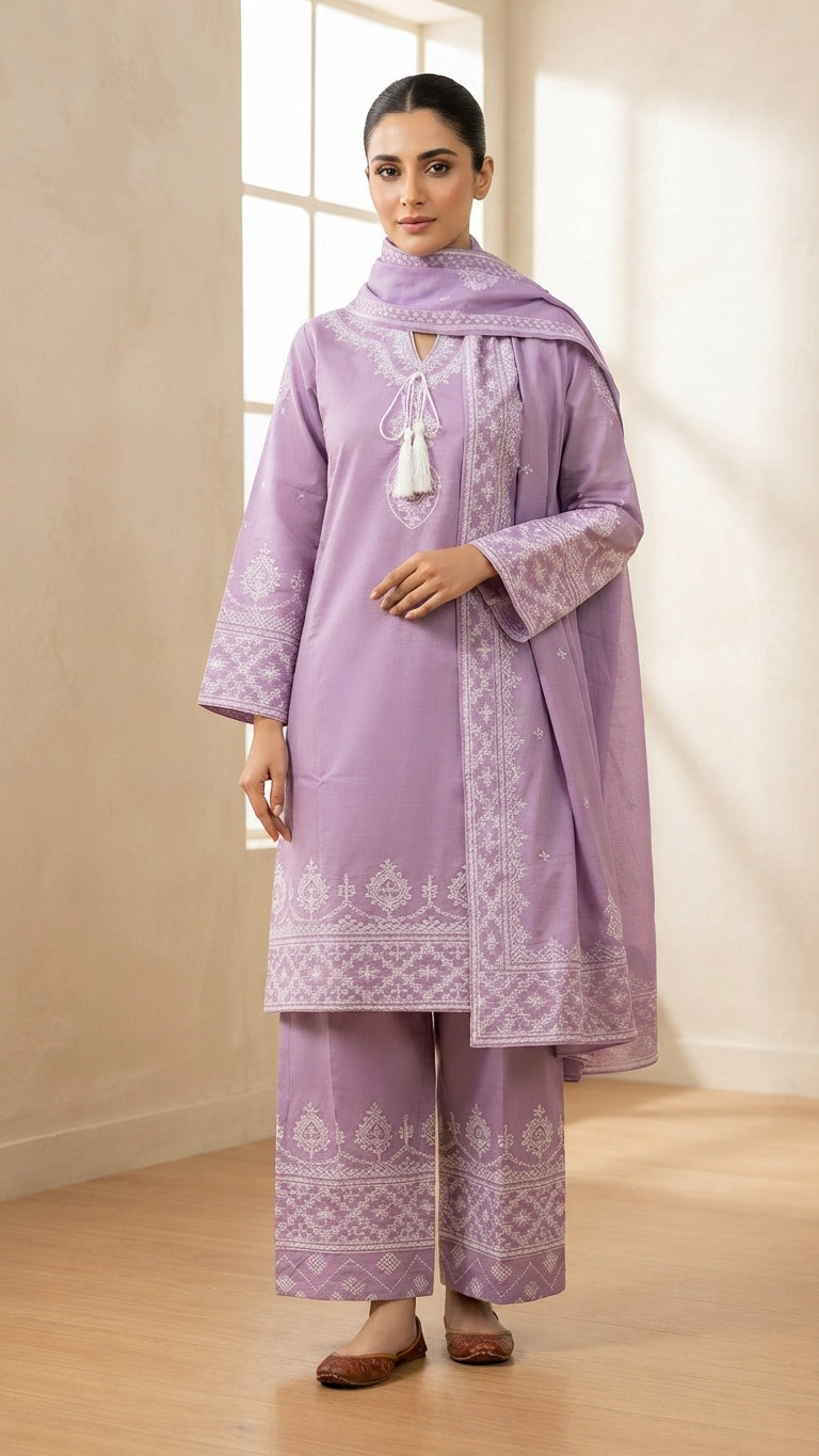 Elegant Lavender Embroidered 3-Piece Suit with Embroidered Dupatta & Trouser