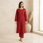 Elegant Maroon Embroidered 3-Piece Suit – Khadi Net | Wardrobe by Zaib