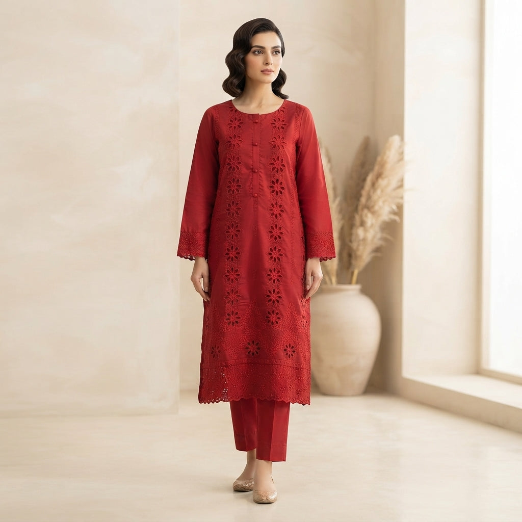 Elegant Maroon Embroidered 3-Piece Suit – Khadi Net | Wardrobe by Zaib
