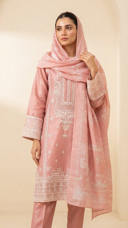 Elegant Dusty Pink Embroidered 3-Piece Suit with Printed Dupatta & Trouser