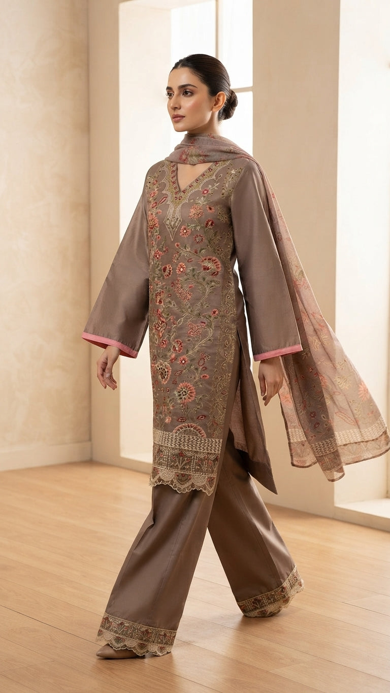 Elegant Taupe Embroidered 3-Piece Suit with Printed Dupatta &Trouser