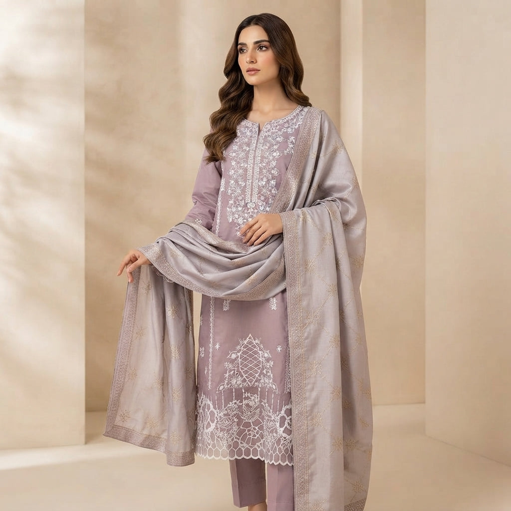 Elegant Mauve Embroidered 3-Piece Suit – Khadi Net | Wardrobe by Zaib